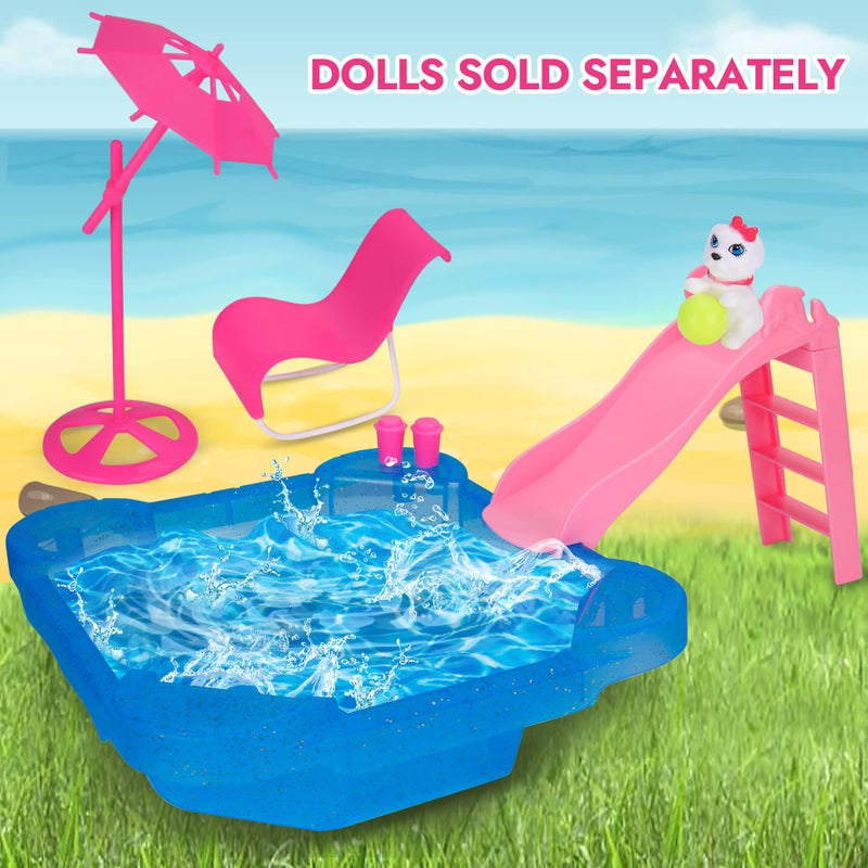 BETTINA Pool Playset  Glam Pool with Slide Doll Pool Accessories Includes Beach Chair Beach Umbrella Dog Swimming Pool Set for 12 Inch Dolls Bath Toys for Dolls - Image 3