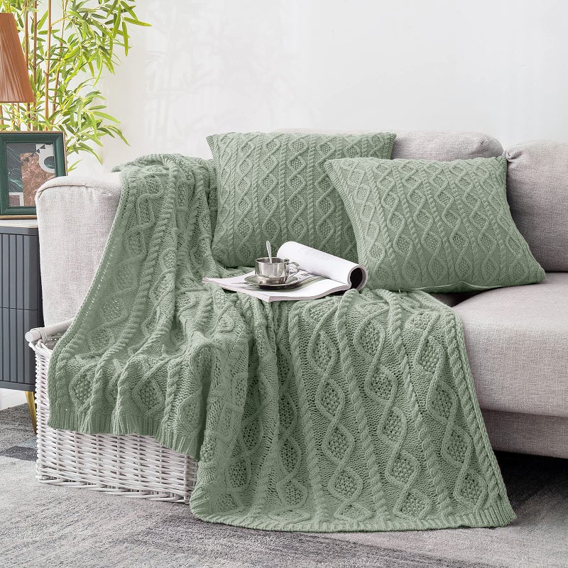 Homiest Cable Knit Throw Blanket and Pillow Set Sage Green Set of 3 Knitted Throw 50x60  2 Pillow Covers 18x18 Soft  Cozy Decorative for Couch Bed Sofa