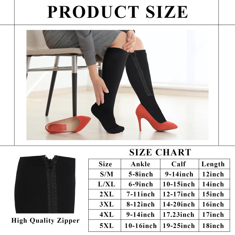 Tarpop 4 Pairs Inside Zipper Compression Socks 20-30 Mmhg Women Men Stockings with Zipper Closed Toe Zip up Compression Socks for Women Men(Large / X-Large Black) - Image 5