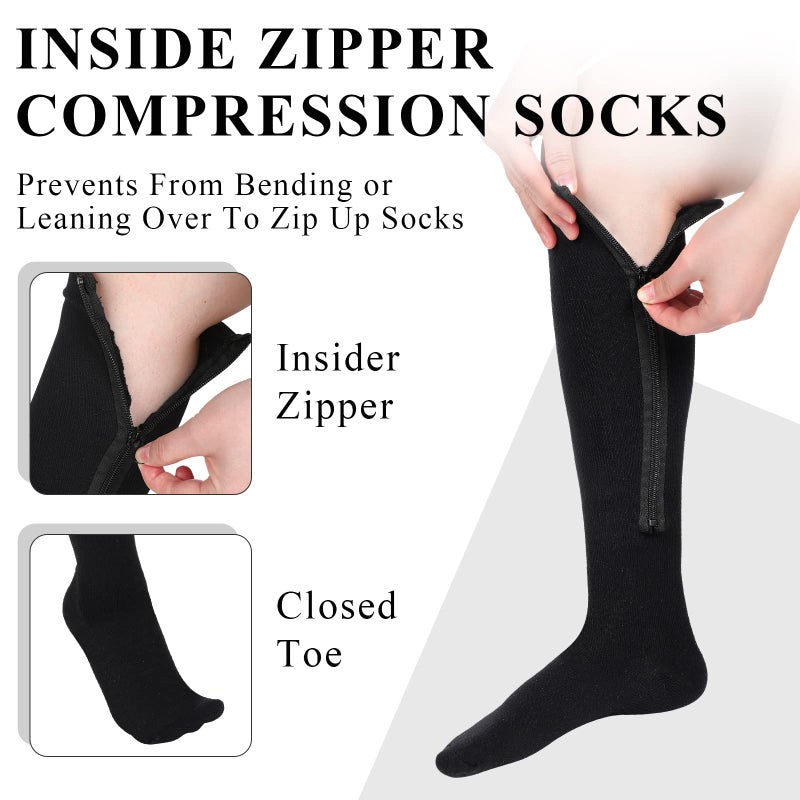 Tarpop 4 Pairs Inside Zipper Compression Socks 20-30 Mmhg Women Men Stockings with Zipper Closed Toe Zip up Compression Socks for Women Men(Large / X-Large Black) - Image 3