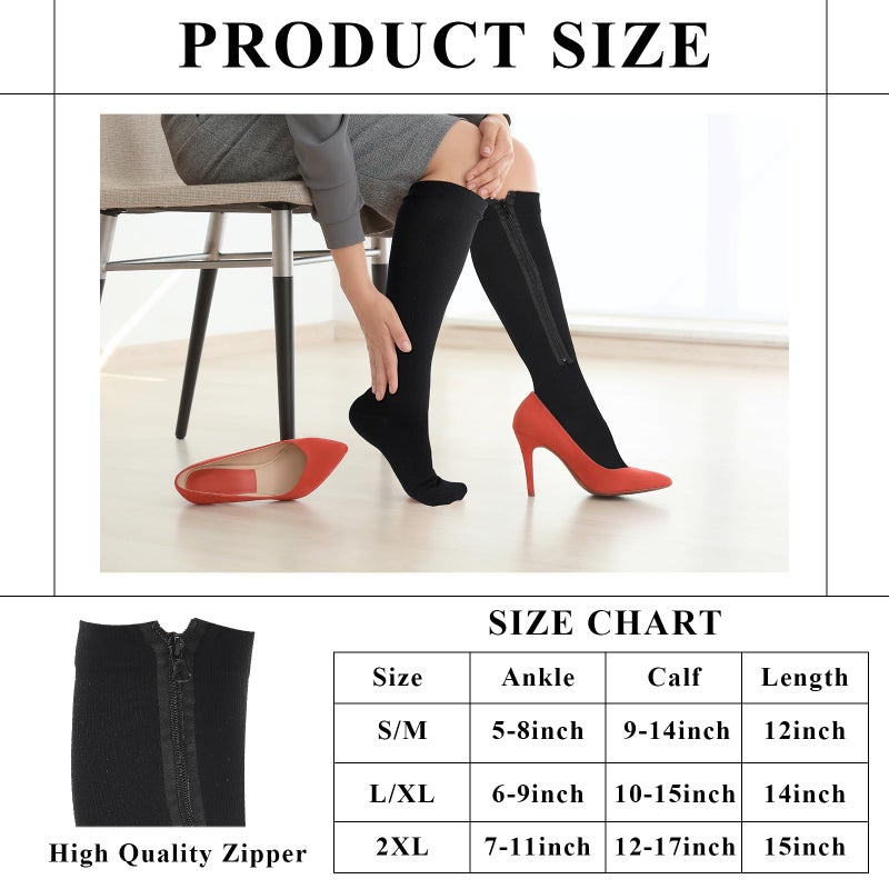 Tarpop 4 Pairs Inside Zipper Compression Socks 20-30 Mmhg Women Men Stockings with Zipper Closed Toe Zip up Compression Socks for Women Men(Large / X-Large Black) - Image 2