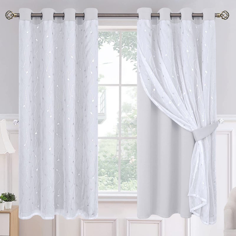 BGment Room Darkening Curtains with Sheer Overlay Silver Printed Double Layer Curtains for Living Room Grommet Thermal Insulated Curtains for Bedroom 2 Panels Each 52 x 63 Inch Greyish White