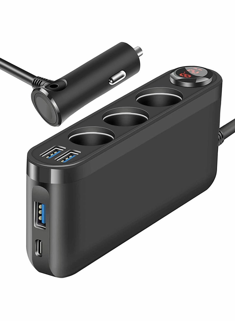 محول شاحن سيارة 200 واط مع 3 مآخذ و PD3.0 USB C QC3.0، شاشة عرض جهد LED، محول 12V/24V مع سلك تمديد - Image 1