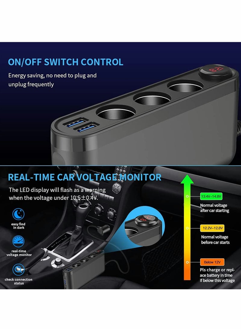 محول شاحن سيارة 200 واط مع 3 مآخذ و PD3.0 USB C QC3.0، شاشة عرض جهد LED، محول 12V/24V مع سلك تمديد - Image 2