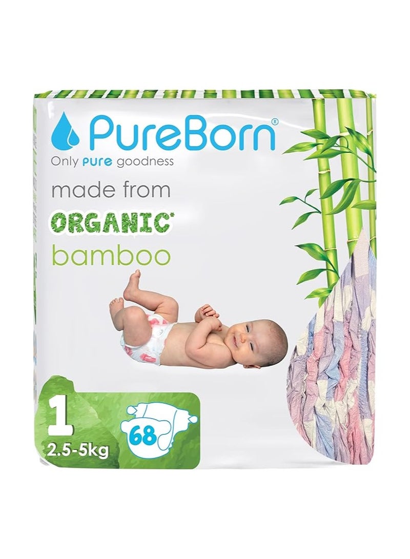 PureBorn حفاضات عضوية من الخيزران حجم 1 حتى 5 كجم 68 قطعة - Image 1