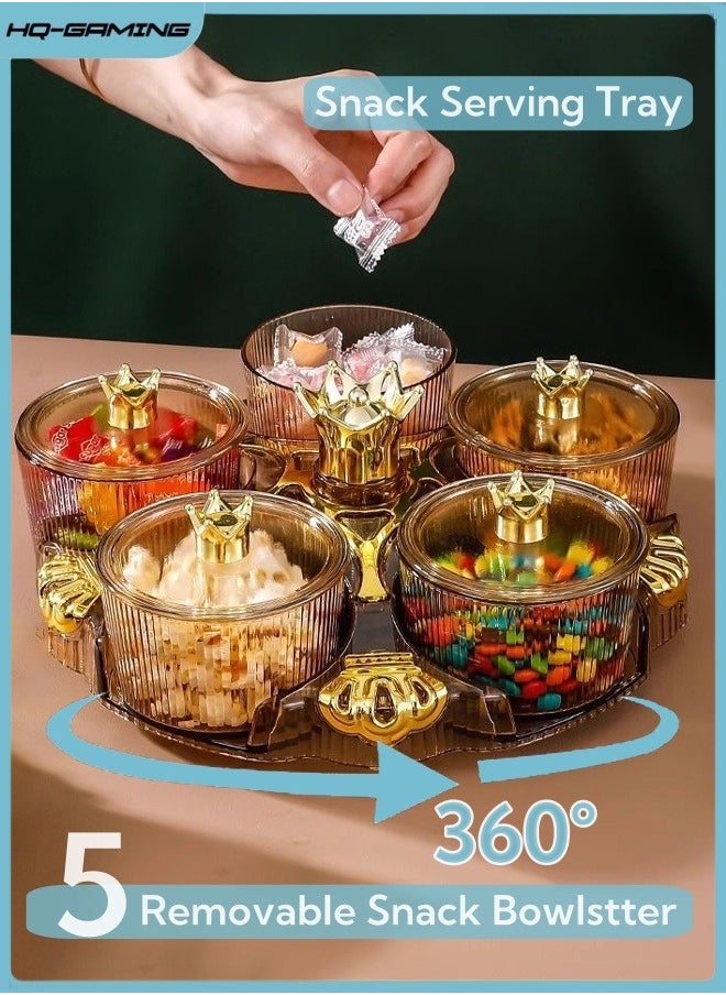 HQ-GAMING Rotating Snack Serving Tray, Dried Fruit Plate, Transparent Nut and Candy Serving Container Set, 5 Compartment Round Appetizer Platter Plastic Storage Organizer, Food Display Bowls for Candy Fruit  - Image 1