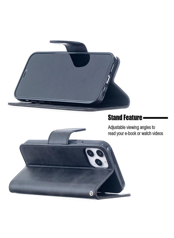 اس-توب جراب لهاتف iPhone 12 / 12 Pro من جلد الحمل بتصميم كلاسيكي بلون نقي مع حامل وفتحات للبطاقات ومحفظة وحبل - Image 4