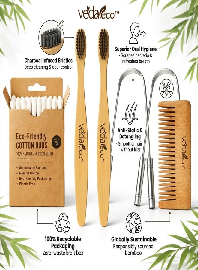 VEDAeco Complete Travel Care Kit with Pouch - Bamboo Toothbrushes (2), Tongue Cleaner (2), Neem Comb & Cotton Buds | Portable Personal Hygiene Kit for Men, Women, Trips & Travel - Image 2