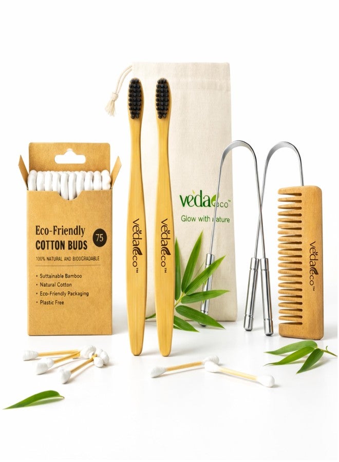 VEDAeco Complete Travel Care Kit with Pouch - Bamboo Toothbrushes (2), Tongue Cleaner (2), Neem Comb & Cotton Buds | Portable Personal Hygiene Kit for Men, Women, Trips & Travel - Image 1