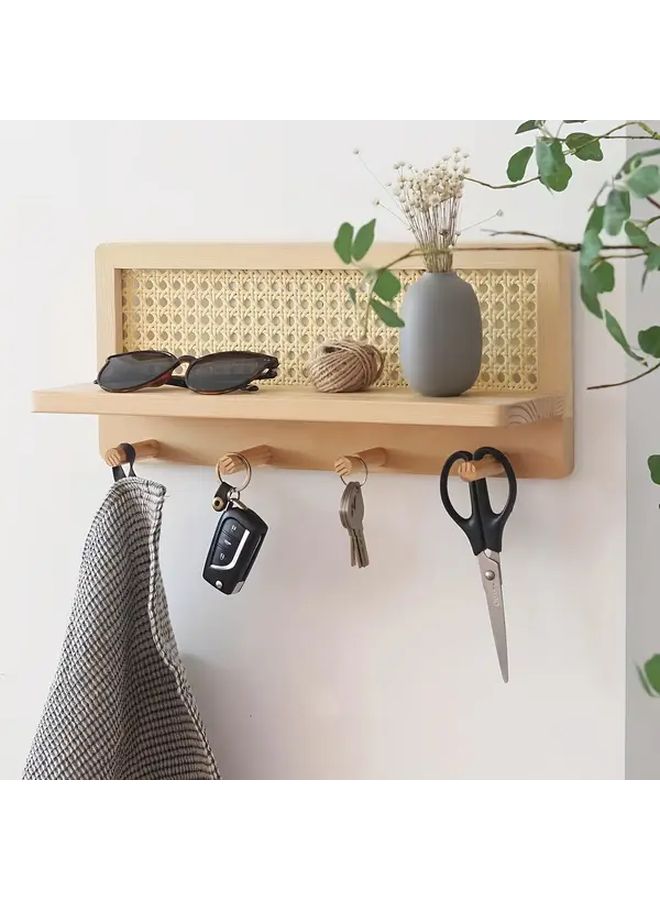 حامل مفاتيح خشبي أصفر مع رف 4 خطاطيف مثبت على الحائط منظف تخزين مدخل - Image 5