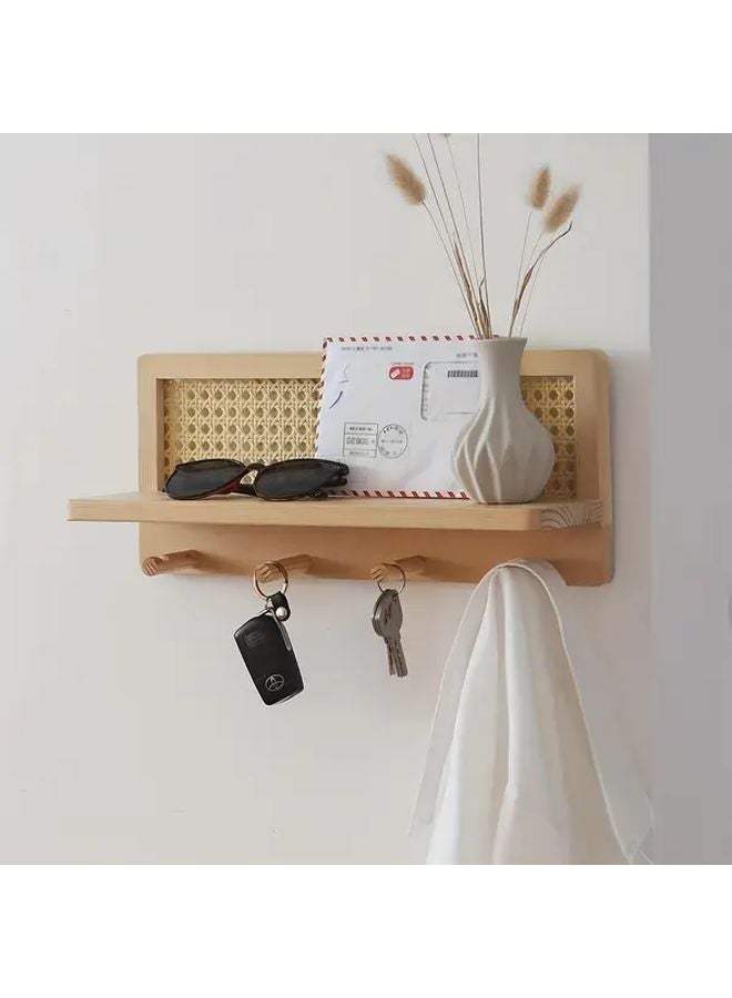 حامل مفاتيح خشبي أصفر مع رف 4 خطاطيف مثبت على الحائط منظف تخزين مدخل - Image 2