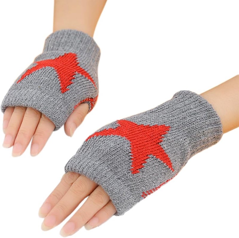 Gray Knitted Touch Screen Gloves For Adult Men Women Winter Fingerless Pattern Mittens - Image 1