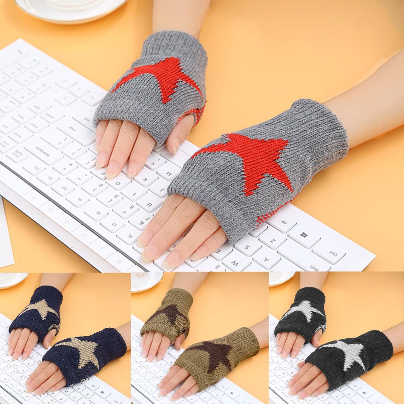 Gray Knitted Touch Screen Gloves For Adult Men Women Winter Fingerless Pattern Mittens - Image 3