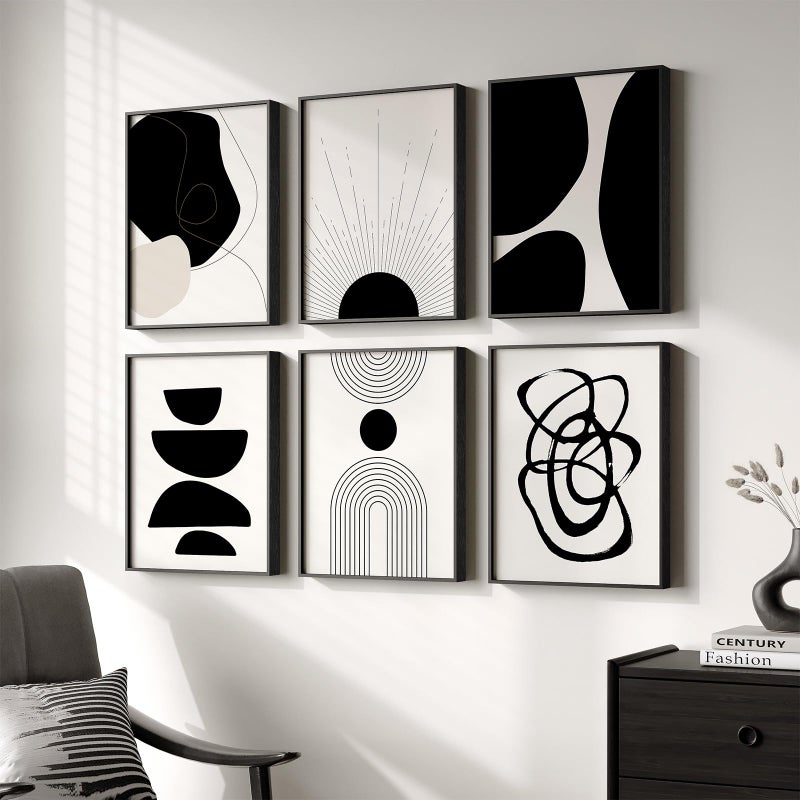 Cuspin Framed Boho Black and White Abstract Wall Art, Set of 6 Modern Canvas Prints Paintings Artwork for Walls, Minimalist Geometric Pictures for Living Room Bedroom Office Bathroom Wall Decor 11x14 Inch - Image 1
