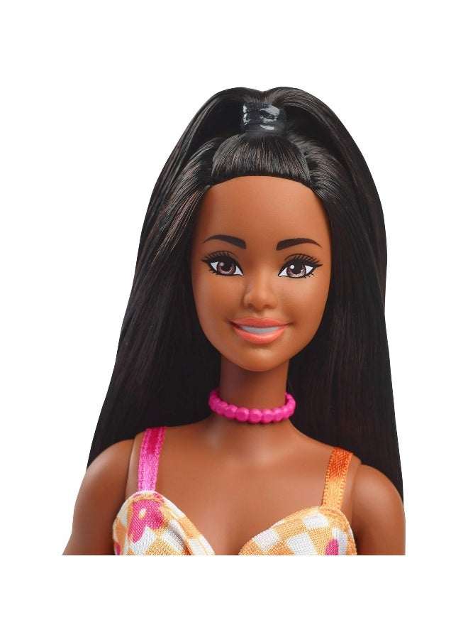 Barbie - Barbie Fashionistas Flower Check Dress, Black Hair Doll (30 cm) - Image 1
