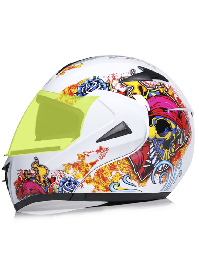 Virtue Electric Car Helmet - DOT & 3C Certified Dual Lens Open Face Helmet, Bright White with Skull Graphic and Mirror Visor