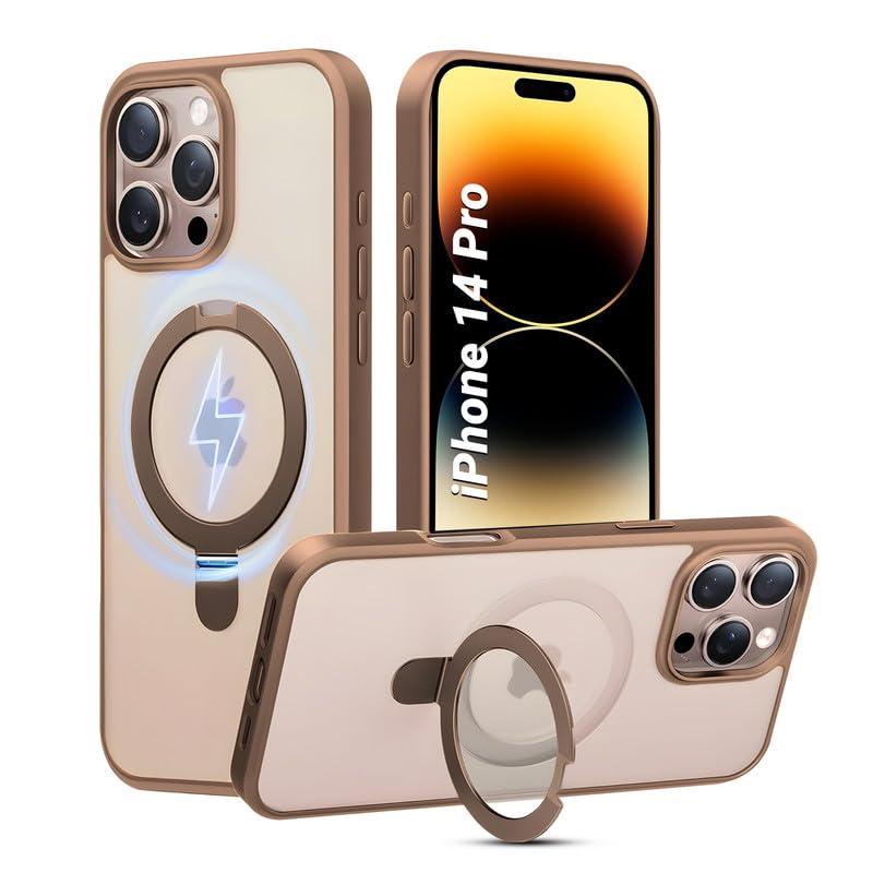 AIBEX Back Cover for Apple iPhone 14 Pro with OStand Ring Kickstand| Mag-Saf Compatible Magnetic Metal Alloy Ring| Wireless Charging |Slim Thin Scratch Resistant Armor|Shockproof Protective - Brown - Image 1