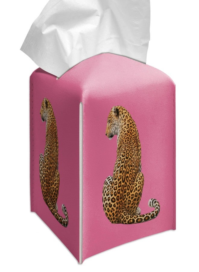 Grace Yonks Cute Tissue Box Cover Square - Leopard Cat Print on Hot Pink Background Design 5.2" PU Leather Holder for Vanity, Desk, or Bathroom Counter - Cube Case for Facial Tissues(015) - Image 1