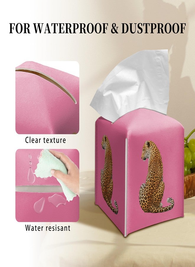 Grace Yonks Cute Tissue Box Cover Square - Leopard Cat Print on Hot Pink Background Design 5.2" PU Leather Holder for Vanity, Desk, or Bathroom Counter - Cube Case for Facial Tissues(015) - Image 4