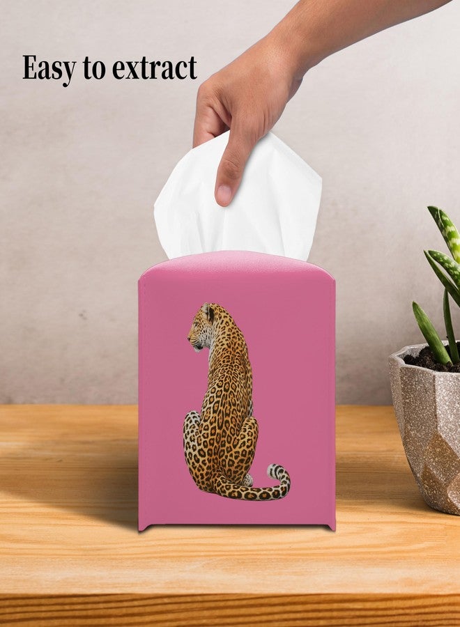 Grace Yonks Cute Tissue Box Cover Square - Leopard Cat Print on Hot Pink Background Design 5.2" PU Leather Holder for Vanity, Desk, or Bathroom Counter - Cube Case for Facial Tissues(015) - Image 2