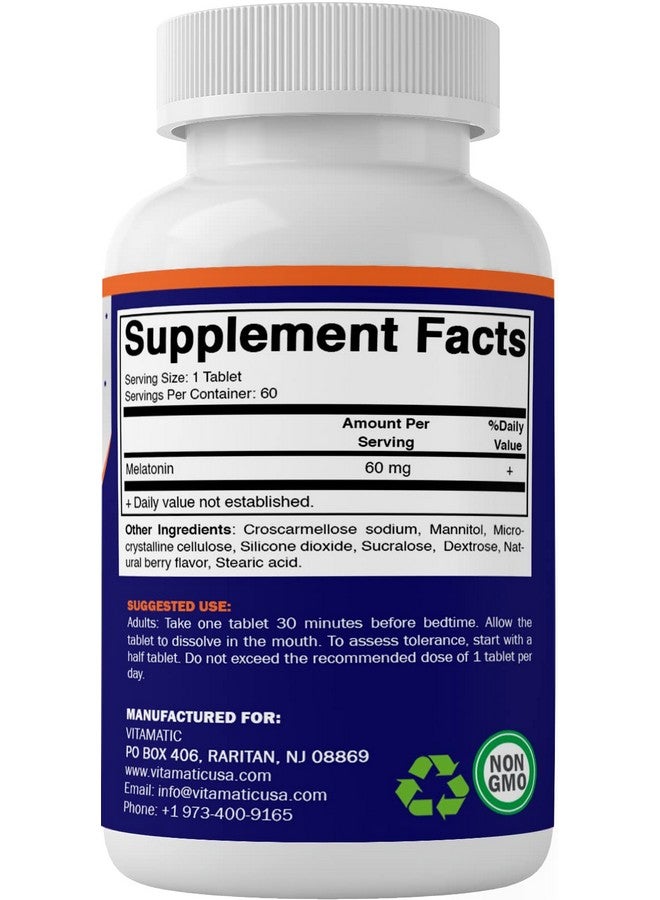 Vitamatic Vitamatic Melatonin 60 mg Fast Dissolve Tablets - 60 Vegan Natural Berry Flavor Tablets - Non-Habit Forming - Non-GMO, Gluten Free (1 Bottle)  - Image 4