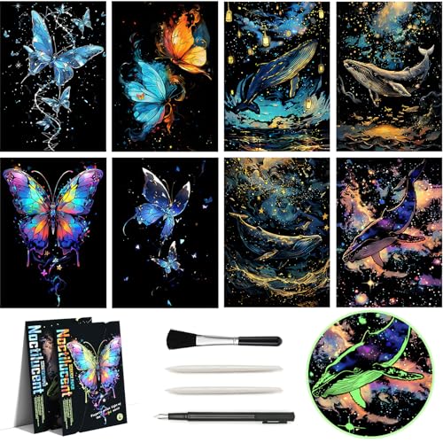 AP ARTSPER Glow in The Dark Scratch Art Rainbow Painting Paper 8 Sheet with Pen Cleaning Brush Engraving Landscape ScratchboardA4 for Kids Teens Adults Fun Sketch Card Creative Craft Toy Animal - Image 1