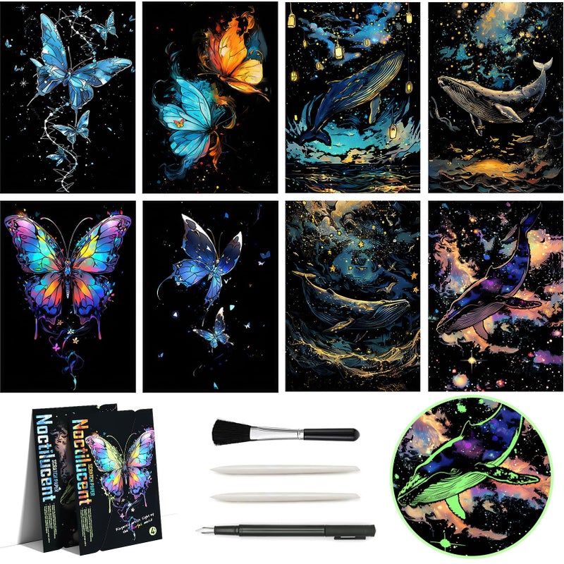 AP ARTSPER Glow in The Dark Scratch Art Rainbow Painting Paper 8 Sheet with Pen Cleaning Brush Engraving Landscape ScratchboardA4 for Kids Teens Adults Fun Sketch Card Creative Craft Toy Animal - Image 2