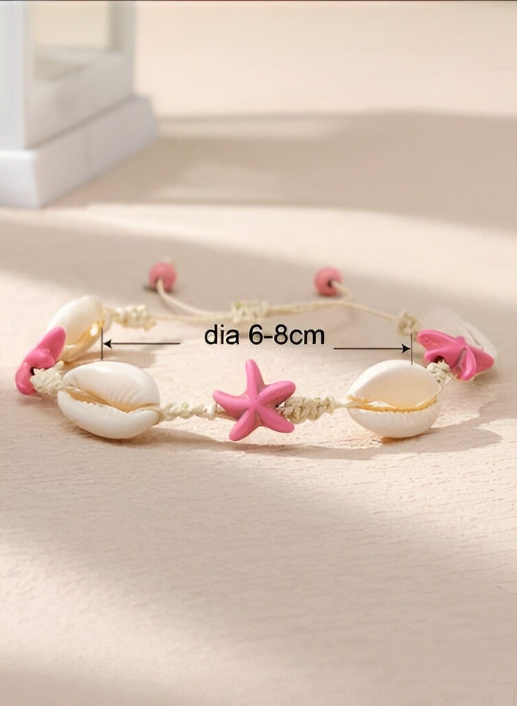 Braidise Creations 2 pcs Exquisite Shell Beads Design Bracelet With White Adjustable Rope For Vintage Bohemian Style For Women Summer Beach In Pink Colour - Image 3