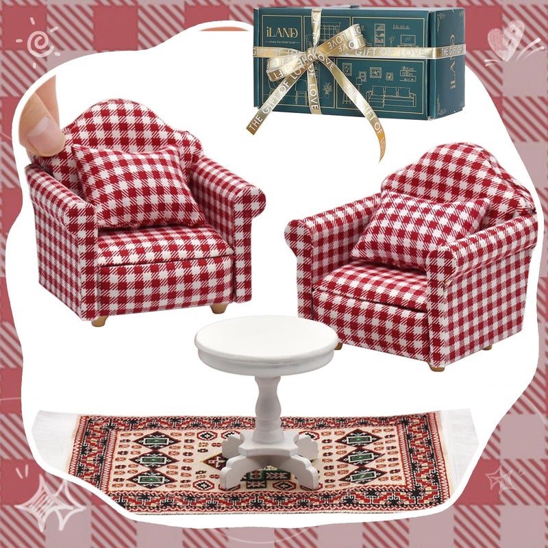 iLAND Cute Kids Toys for Girls 68 Lovely Dollhouse Furniture on 112 Scale Gingham Doll House Couch Set inc 2 Miniature Sofas 1 End Table 1 Rug Small for Girls - Image 3