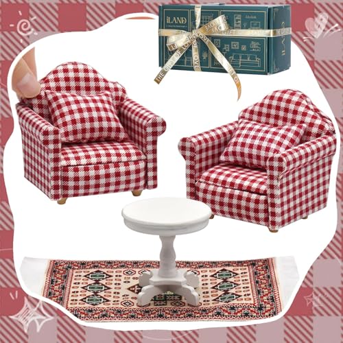 iLAND Cute Kids Toys for Girls 68 Lovely Dollhouse Furniture on 112 Scale Gingham Doll House Couch Set inc 2 Miniature Sofas 1 End Table 1 Rug Small for Girls - Image 1
