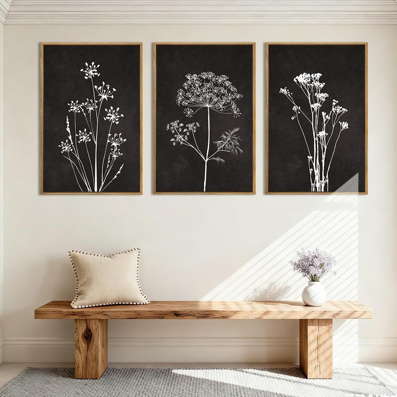BINCUE Framed Botanical Wall Art Black Grey and White Plant Floral Print Canvas for Living Room Bedroom Office 3 Panel 16x24 Inches - Image 4