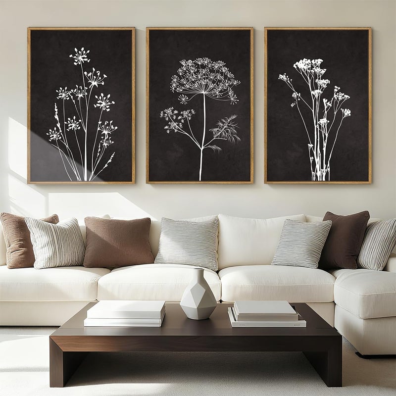 BINCUE Framed Botanical Wall Art Black Grey and White Plant Floral Print Canvas for Living Room Bedroom Office 3 Panel 16x24 Inches - Image 1
