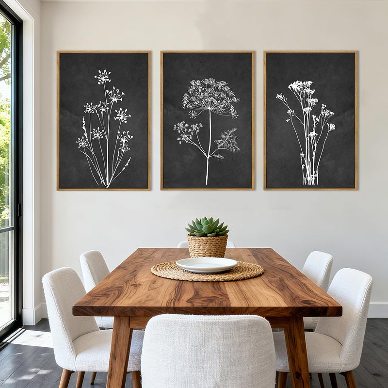 BINCUE Framed Botanical Wall Art Black Grey and White Plant Floral Print Canvas for Living Room Bedroom Office 3 Panel 16x24 Inches - Image 2