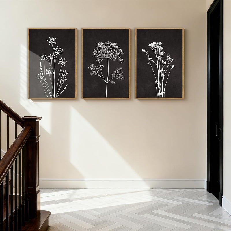 BINCUE Framed Botanical Wall Art Black Grey and White Plant Floral Print Canvas for Living Room Bedroom Office 3 Panel 16x24 Inches - Image 5