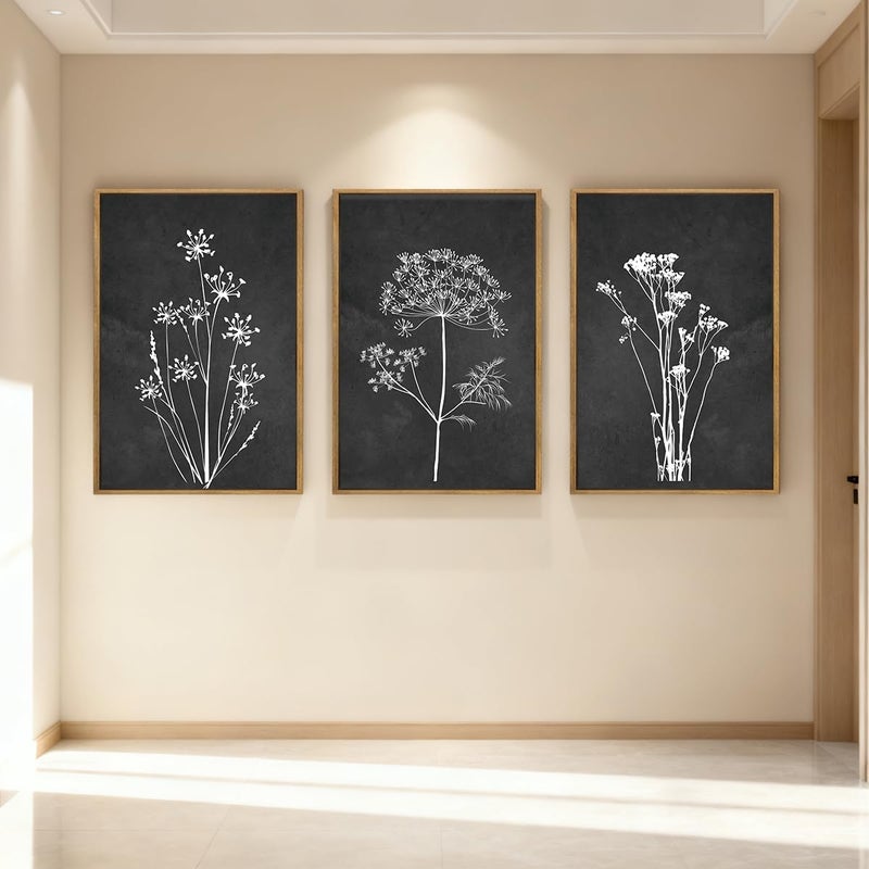 BINCUE Framed Botanical Wall Art Black Grey and White Plant Floral Print Canvas for Living Room Bedroom Office 3 Panel 16x24 Inches - Image 3