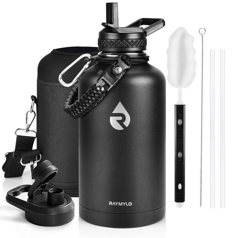RAYMYLO Insulated Water Bottle 64 oz Triple Wall Vacuum Stainless Steel Cold for 48 Hrs Leak Proof NonBPA Half Gallon Water Flask Jug with Paracord Handle Straw Spout Lids Magic Black