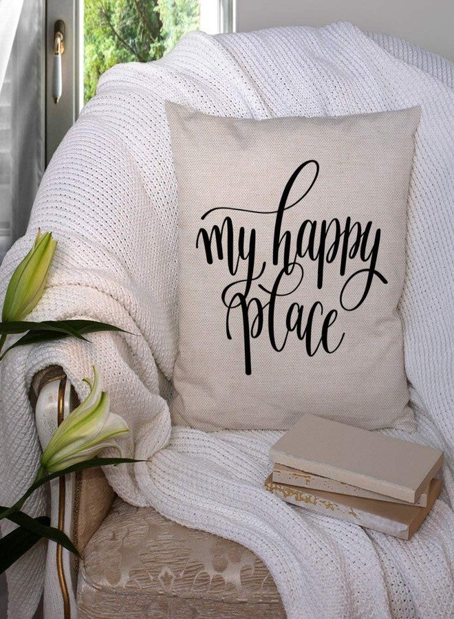 SSOIU My Happy Place Cotton Linen Throw Pillow Case Cushion Cover Home Office Decorative Square 18 X 18 Inches - Image 3