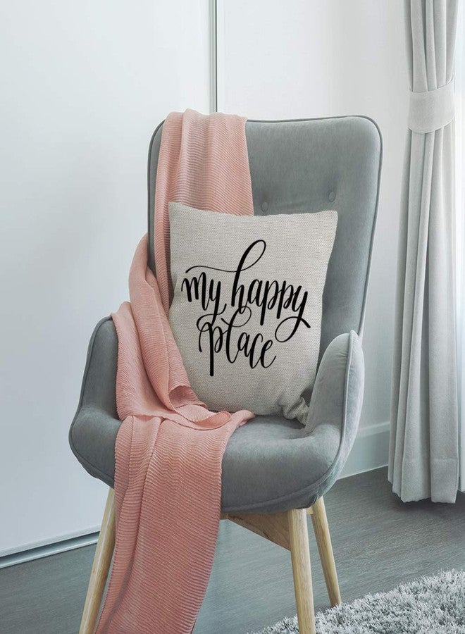 SSOIU My Happy Place Cotton Linen Throw Pillow Case Cushion Cover Home Office Decorative Square 18 X 18 Inches - Image 4