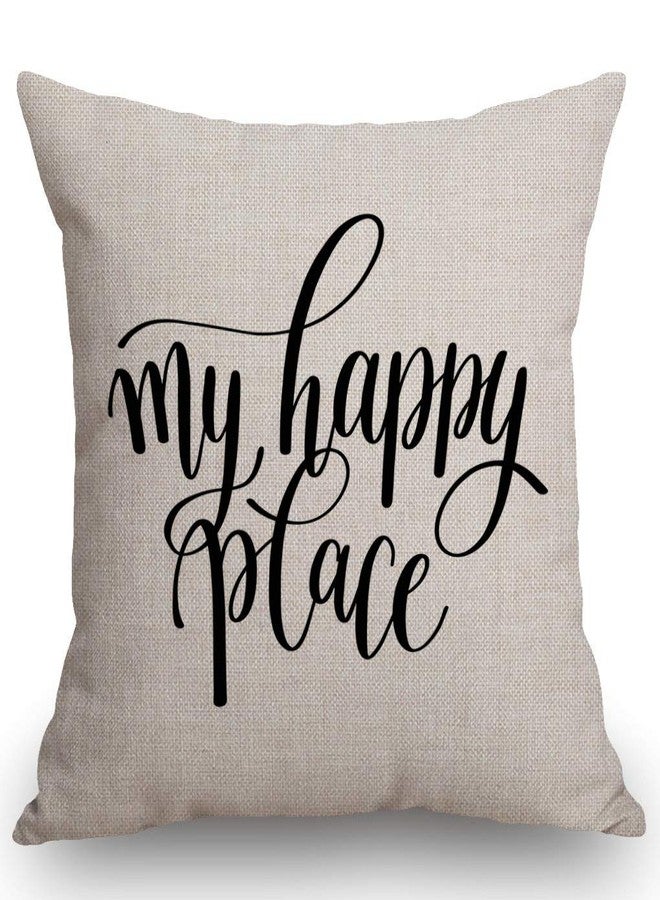 SSOIU My Happy Place Cotton Linen Throw Pillow Case Cushion Cover Home Office Decorative Square 18 X 18 Inches - Image 1
