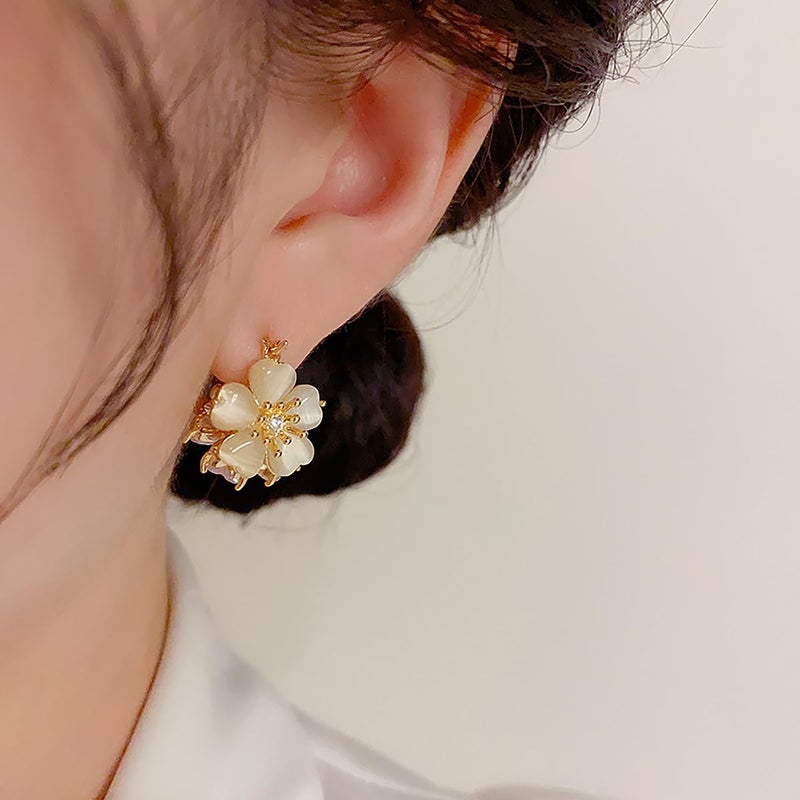 Uarein Dainty Gold Crystal Flower Hoop Earrings Hypoallergenic Opal Floral Statement Earrings Trendy Prom Banquet Jewelry Accessory Presents for Women Wife (Gold) - Image 2