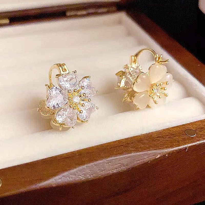 Uarein Dainty Gold Crystal Flower Hoop Earrings Hypoallergenic Opal Floral Statement Earrings Trendy Prom Banquet Jewelry Accessory Presents for Women Wife (Gold) - Image 5