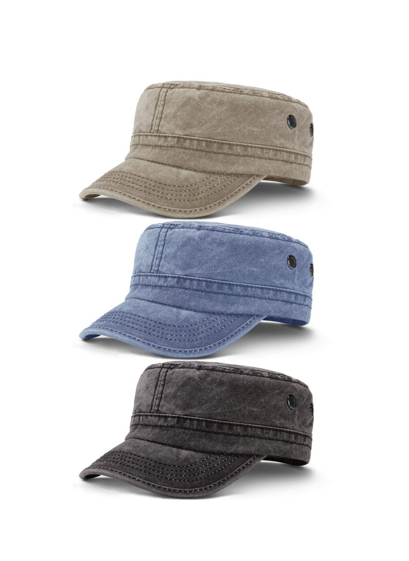 KASTWAVE KASTWAVE Cadet Army Caps Military Flat Top Caps Washed Cotton Cadet Cap Adjustable Military Style Hat Unisex Baseball Cap (3 Pieces Blue, Black, Army Green)  - Image 1