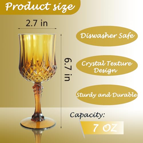 LEYIQU Plastic Wine Glasses, Plastic Goblets Vintage Style Cordial Unbreakable Drinking Glasses, Reusable Drinkware for Wedding Reception, Grand Event Party Supplies (48, Amber) - Image 2
