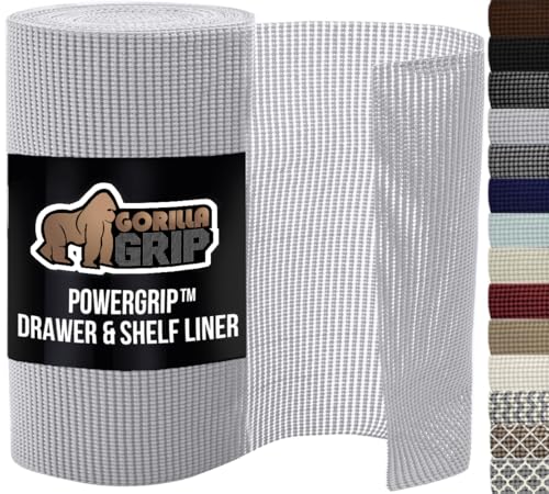 GORILLA GRIP powerGRIP Drawer Shelf and Cabinet Liner, Thick Strong Hold, Non-Adhesive Liners Protect Kitchen Cabinets and Cupboard, Bathroom Drawers, Easy Install, Breathable Mat, 12" x20' Light Gray - Image 1