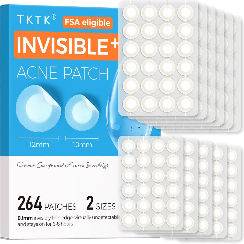TKTK Pimple Patches for Face, 0.01cm Ultra-Thin Invisible Acne Patches, Hydrocolloid Patches for Breakouts, Absorbs Zits & Blemish, Suitable Under Makeup, 2 Sizes(10mm/12mm) 264 count - Image 1