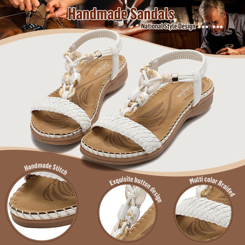 Littleplum Women Sandals Arch Support Handmade Bohemian Braided Flat Sandals Comfort Walking Beach Ankle Elastic Summer Shoes Fashion White Size 7 - Image 4