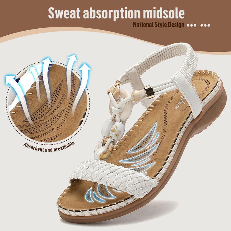 Littleplum Women Sandals Arch Support Handmade Bohemian Braided Flat Sandals Comfort Walking Beach Ankle Elastic Summer Shoes Fashion White Size 7 - Image 5
