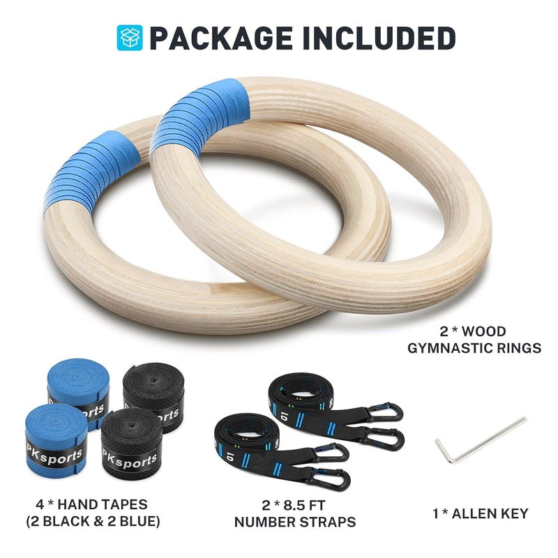 BOFFLE Wooden Gymnastic Rings with Adjustable Number Straps, Crossfit Rings for Gym, Workout, Exercise, Outdoor Training, Quick Install Carabiner, 8.5 ft Straps Pull Up Non-Slip Rings - Image 4