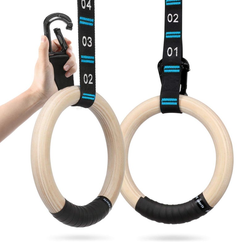 BOFFLE Wooden Gymnastic Rings with Adjustable Number Straps, Crossfit Rings for Gym, Workout, Exercise, Outdoor Training, Quick Install Carabiner, 8.5 ft Straps Pull Up Non-Slip Rings - Image 1