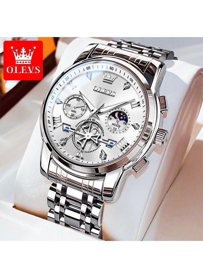 OLEVS OLEVS Mens Watches Luxury Business Stainless Steel Chronograph Moon Phase Waterproof Date Analog Quartz Dress Watches for Men  - Image 1